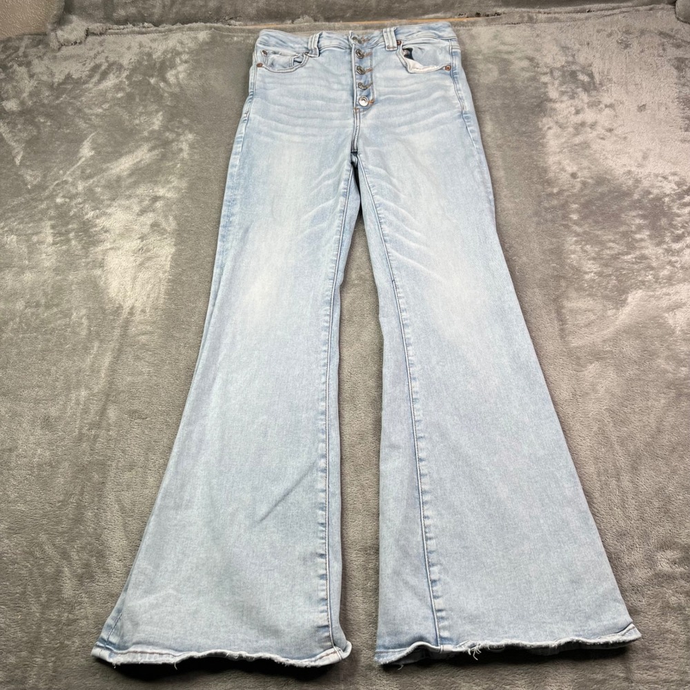 American Eagle Super Hi-Rise Flare Jeans Womens 8 Light Wash Stretch Button Fly